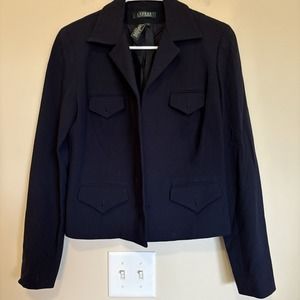 Lauren‎ Ralph Lauren Blazer Womens Size 6 Navy Blue Preppy Wool Blend Jacket